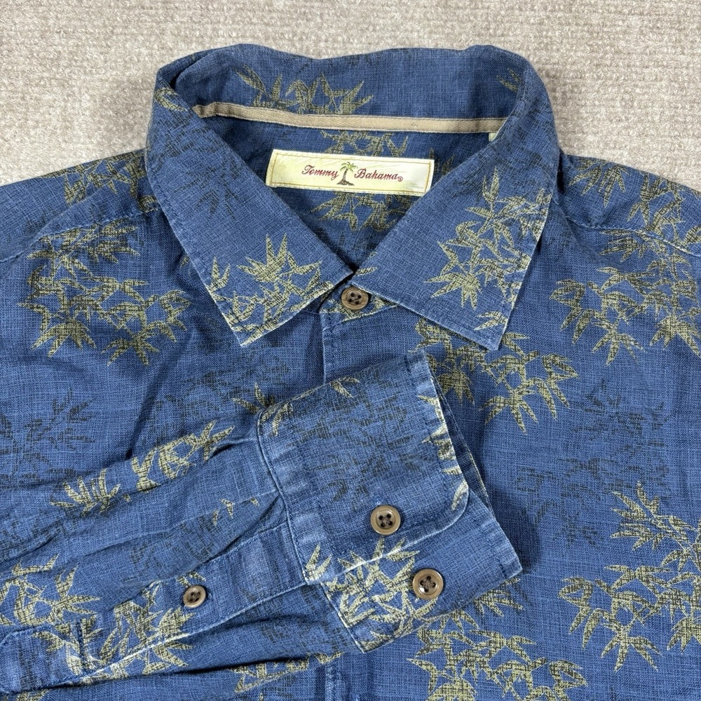 Tommy Bahama Navy Tropical Linen Button Down Long Sleeve Shirt‎ Men's Large EUC
